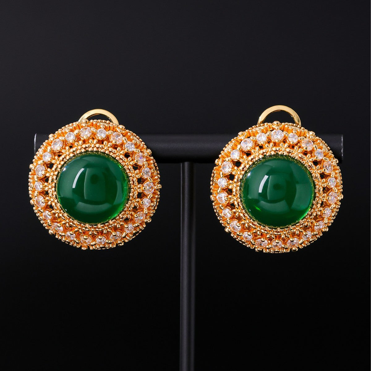 Chinoiserie Green Stone Halo Earrings| Light Luxury Vintage Studs