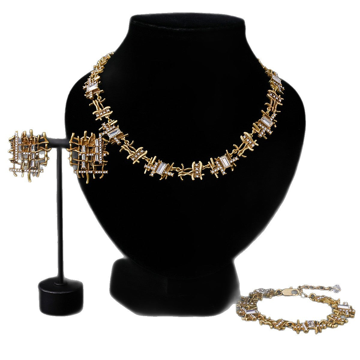 Antique Gold Crystal Lattice Jewelry Set – Necklace, Earrings & Bracelet