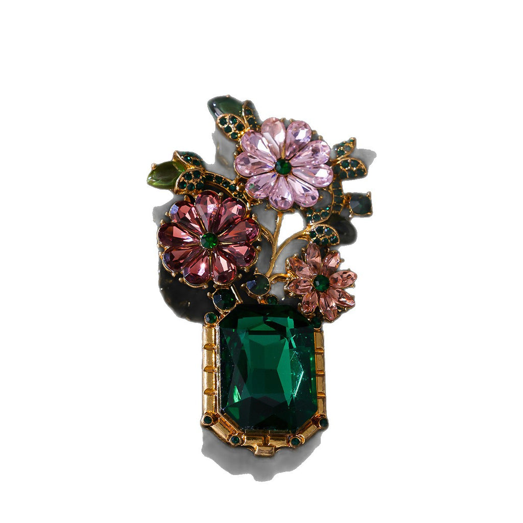 French Provincial Floral Bouquet Brooch | Antique Gold Tone & Crystals