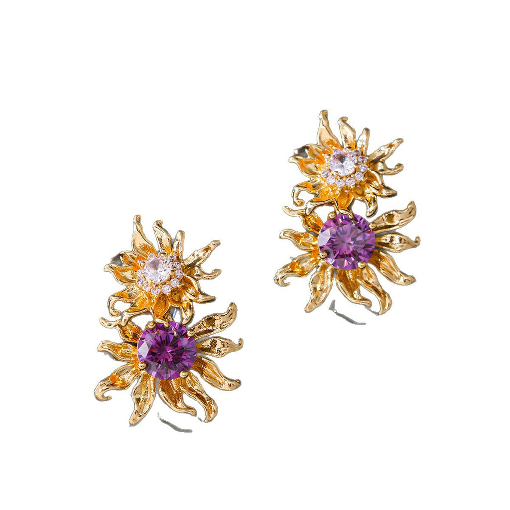 Retro Sunflower Stud Earrings | 925 Silver Post & 5A CZ