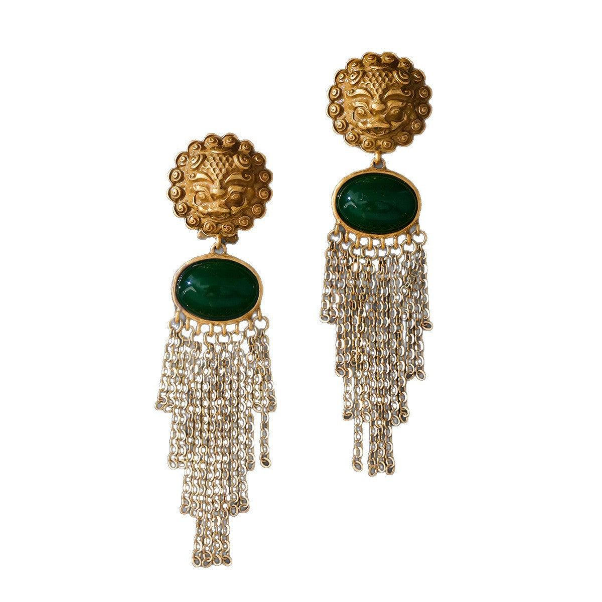 Emerald Green & Gold Chain Fringe Earrings | 925 Silver Post Statement Dangles