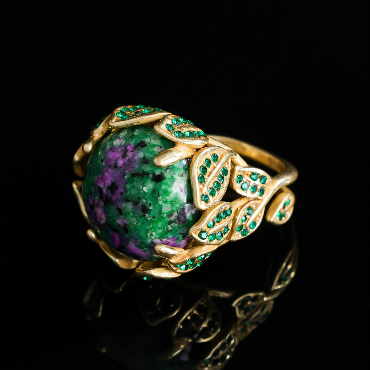 Plated Botanical Ring with Unique Green & Purple Stone