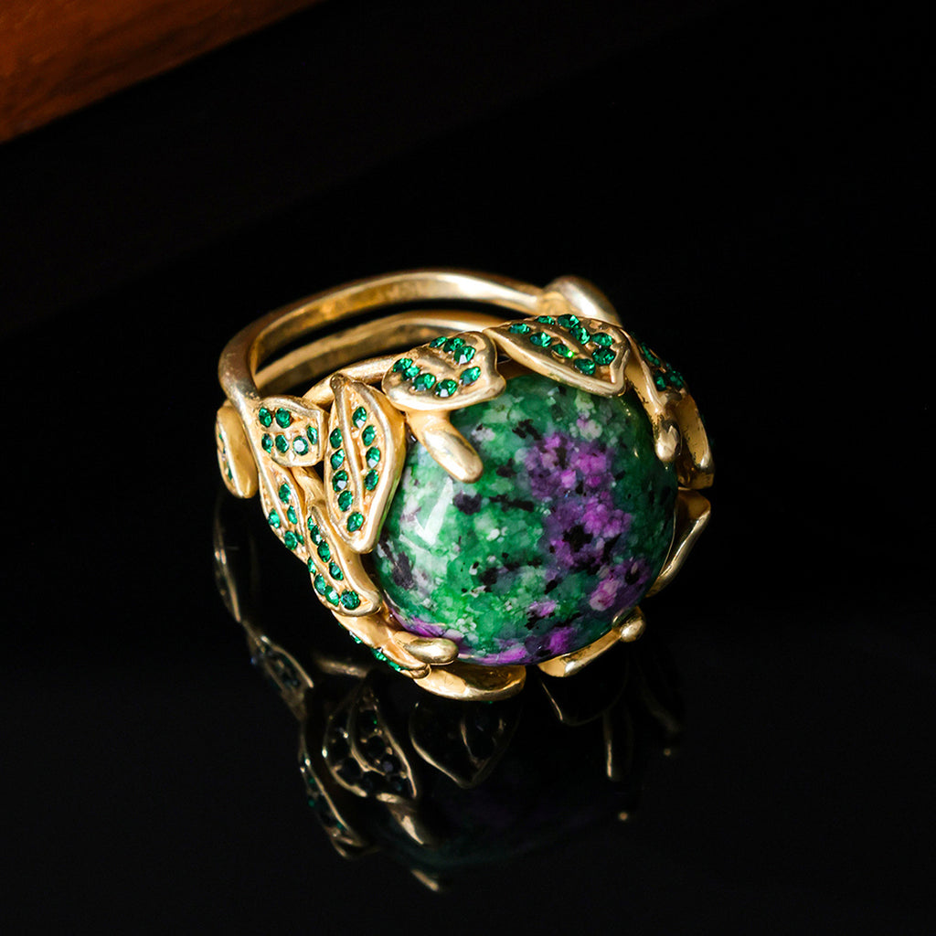 Plated Botanical Ring with Unique Green & Purple Stone