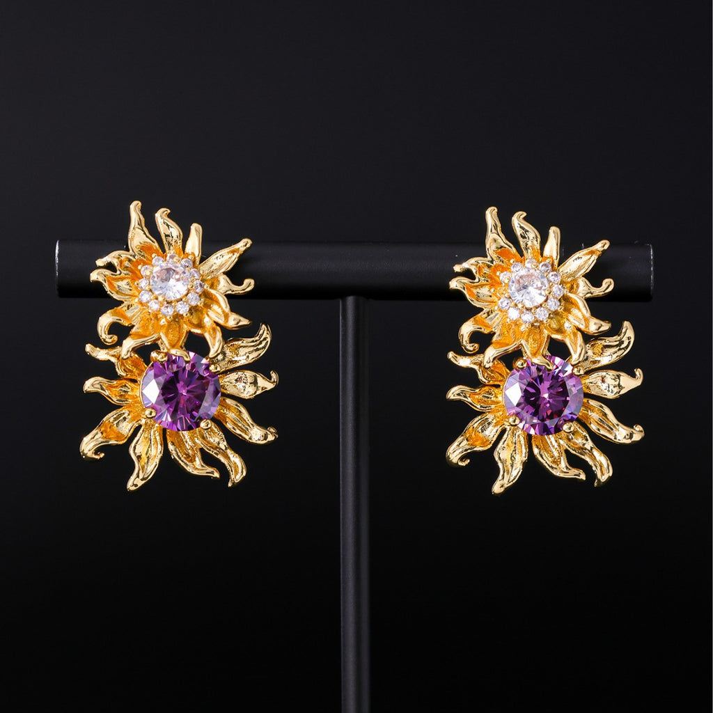 Retro Sunflower Stud Earrings | 925 Silver Post & 5A CZ
