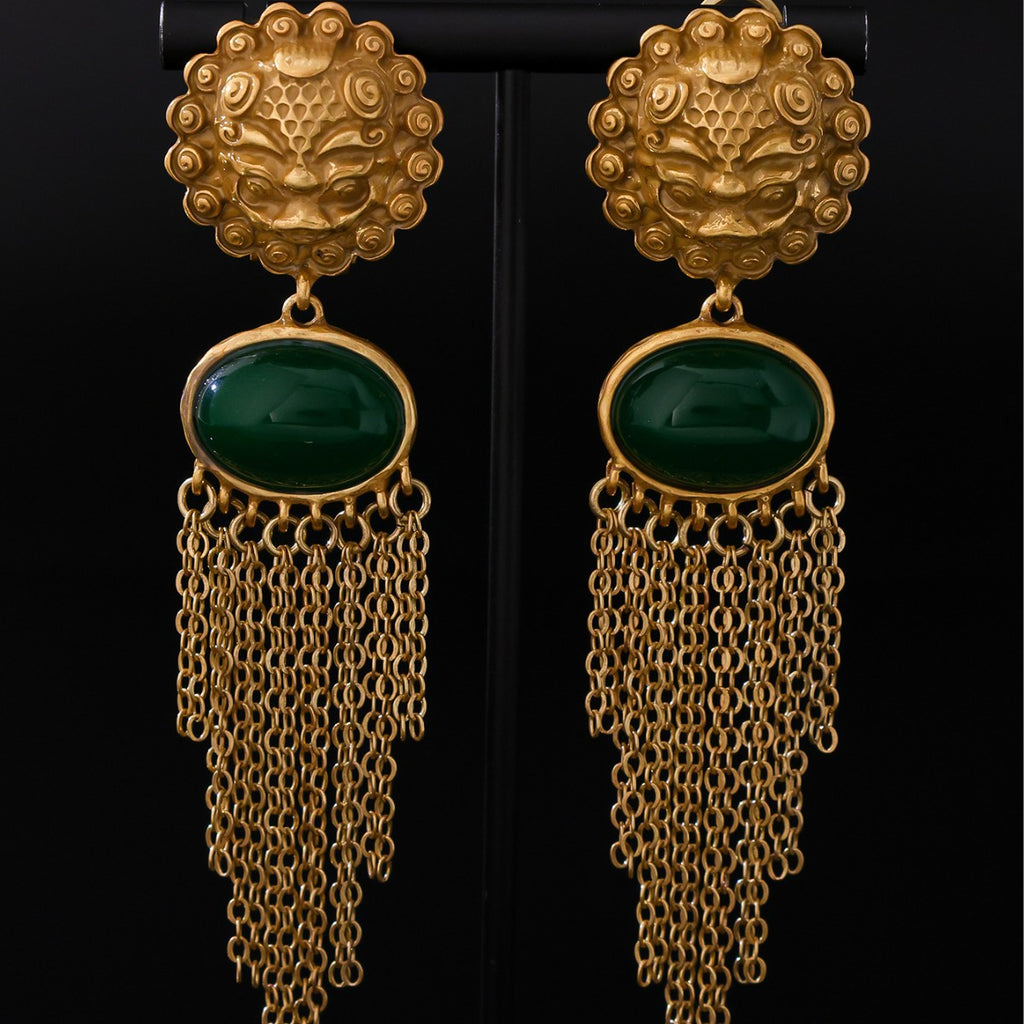 Emerald Green & Gold Chain Fringe Earrings | 925 Silver Post Statement Dangles