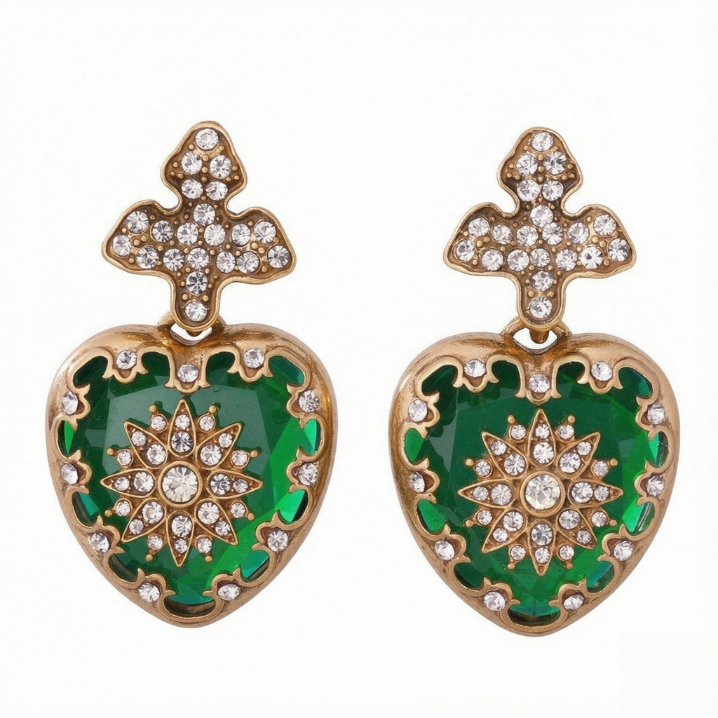 Vintage Inspired Green Heart & Cross Crystal Drop Earrings
