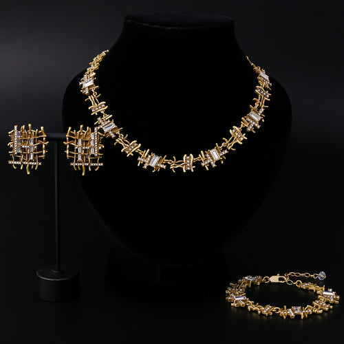 Antique Gold Crystal Lattice Jewelry Set – Necklace, Earrings & Bracelet