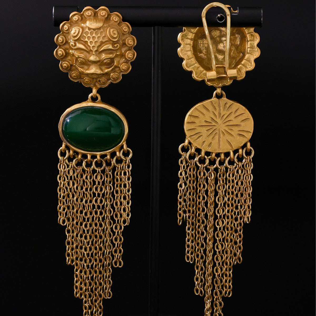 Emerald Green & Gold Chain Fringe Earrings | 925 Silver Post Statement Dangles