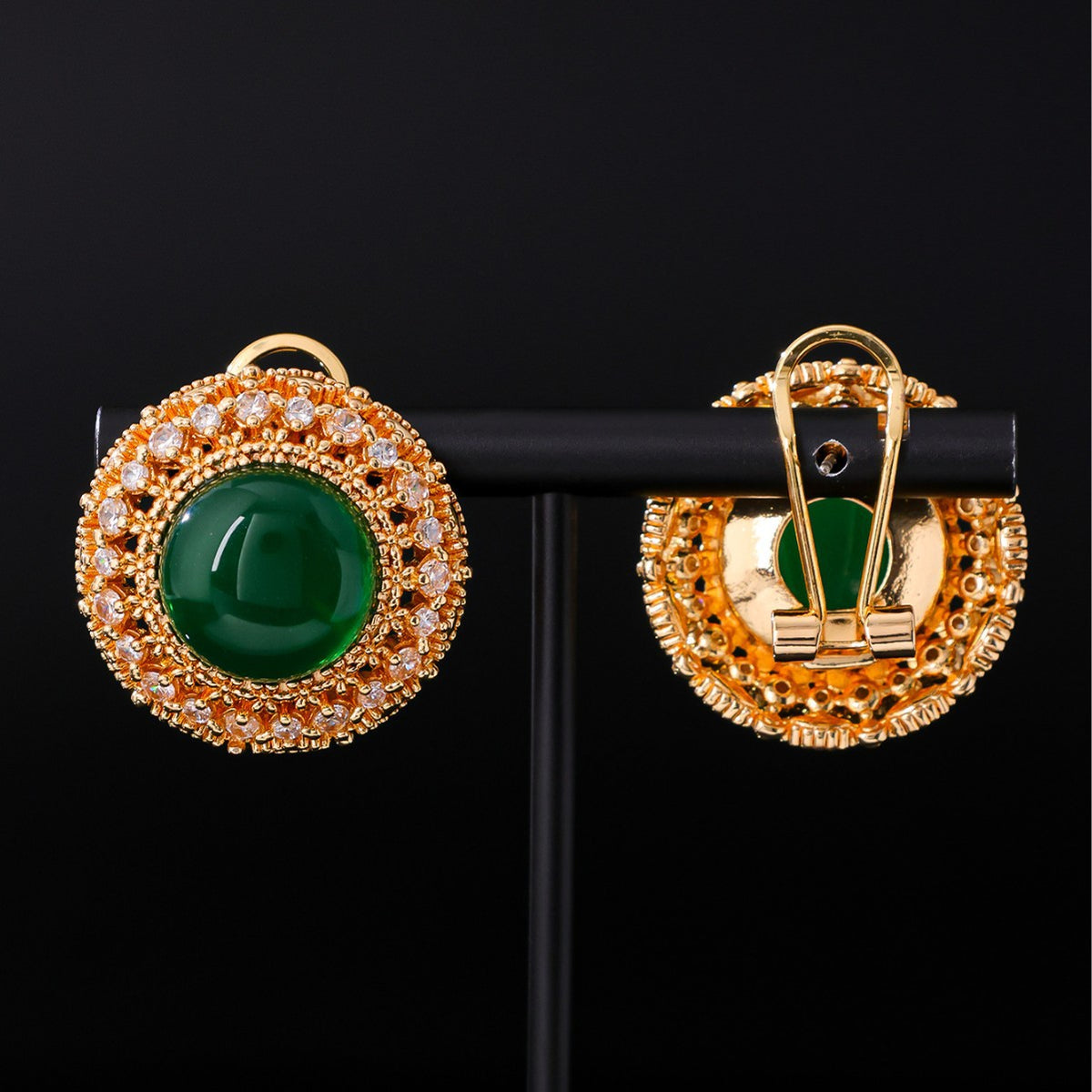Chinoiserie Green Stone Halo Earrings| Light Luxury Vintage Studs