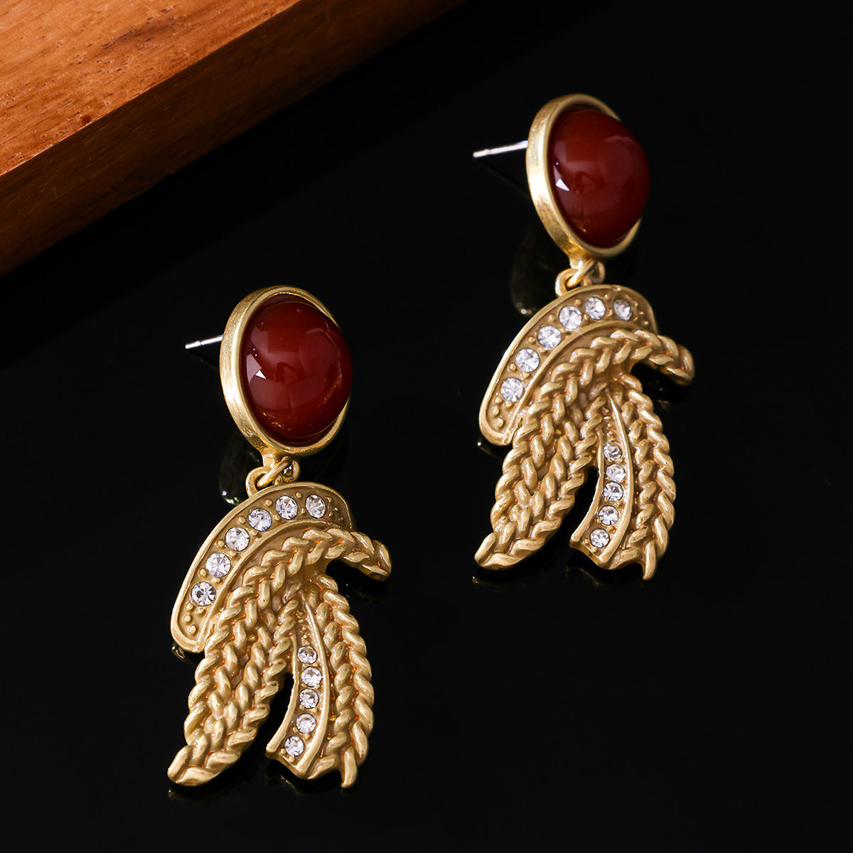 Old Money Red Natural Stone Earrings | Gold Wheat Dangles
