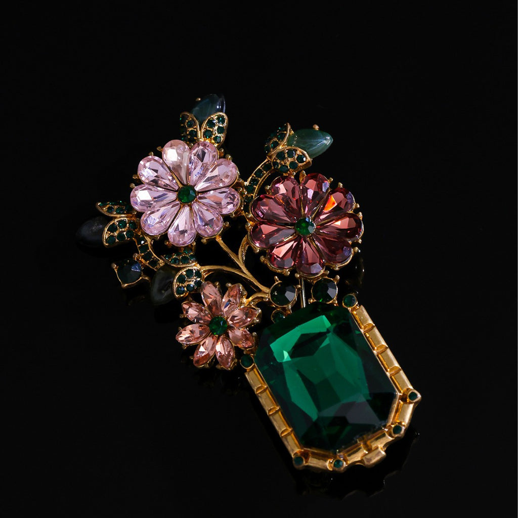French Provincial Floral Bouquet Brooch | Antique Gold Tone & Crystals
