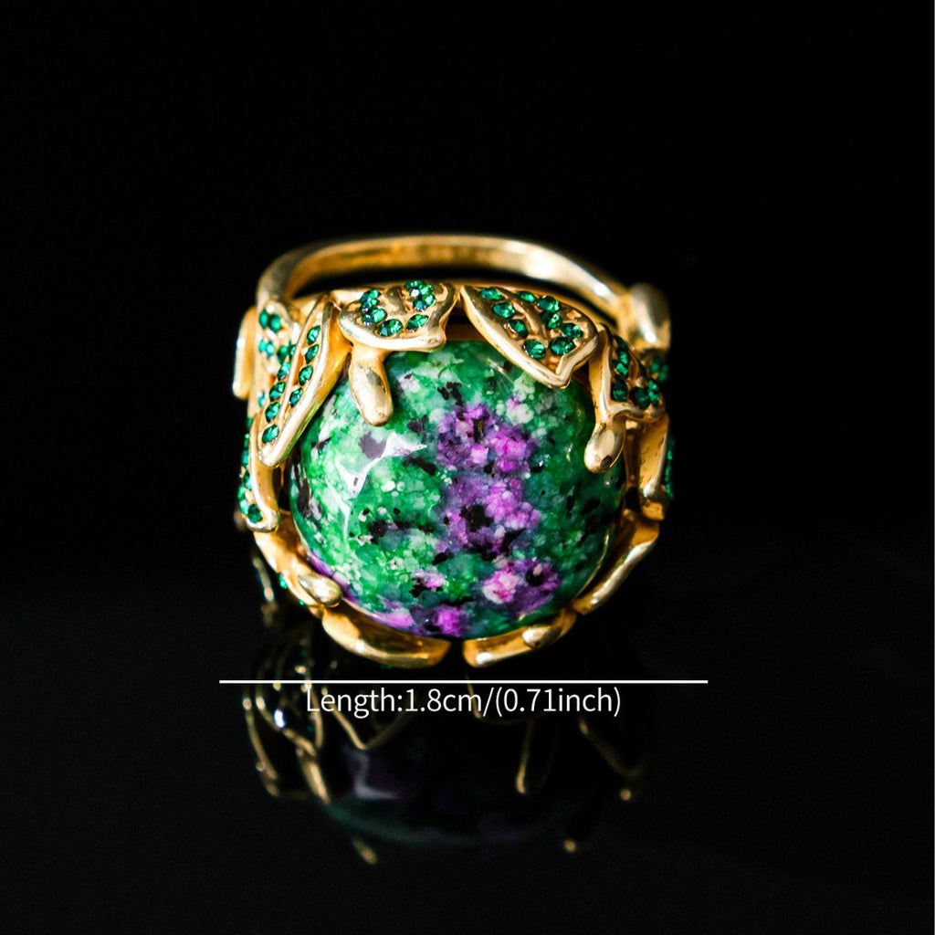Plated Botanical Ring with Unique Green & Purple Stone
