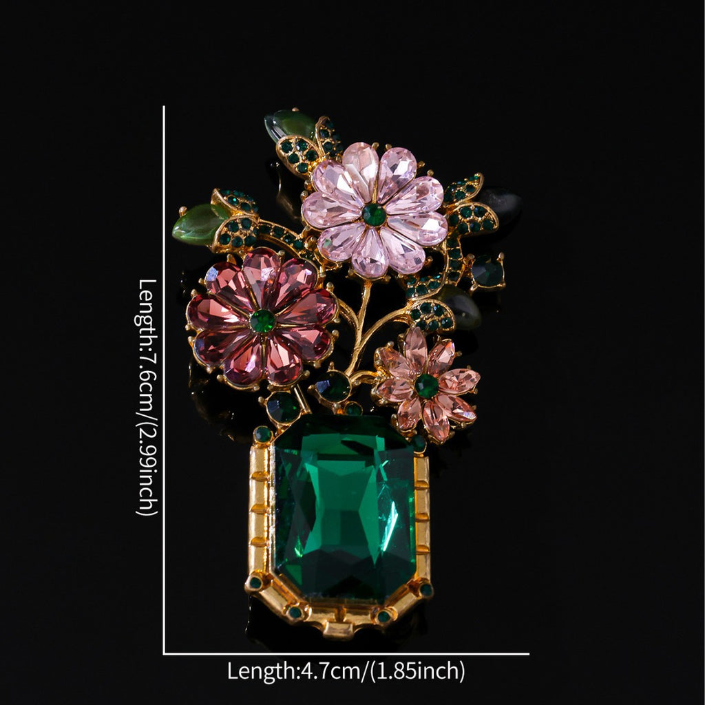 French Provincial Floral Bouquet Brooch | Antique Gold Tone & Crystals