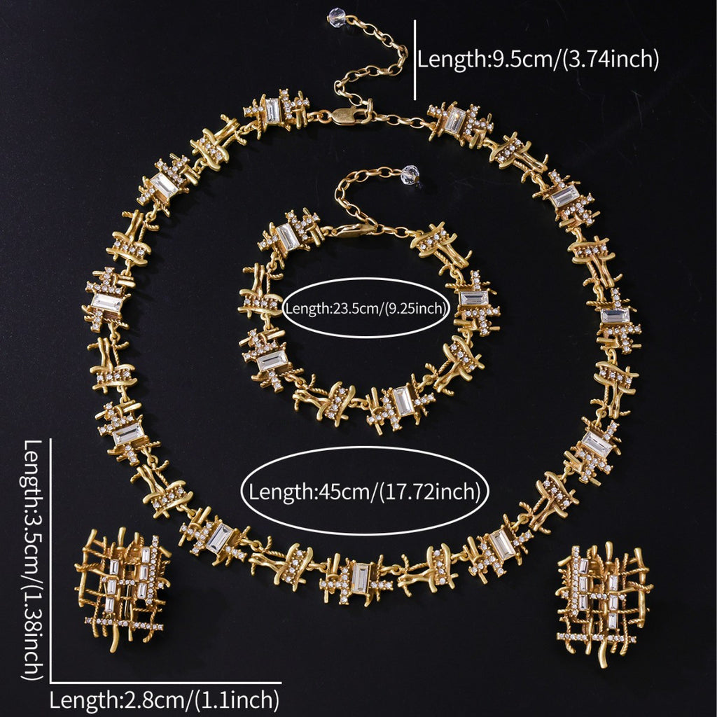 Antique Gold Crystal Lattice Jewelry Set – Necklace, Earrings & Bracelet