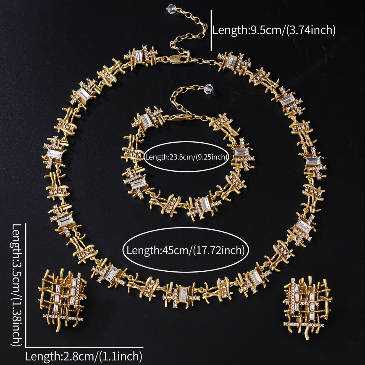 Antique Gold Crystal Lattice Jewelry Set – Necklace, Earrings & Bracelet
