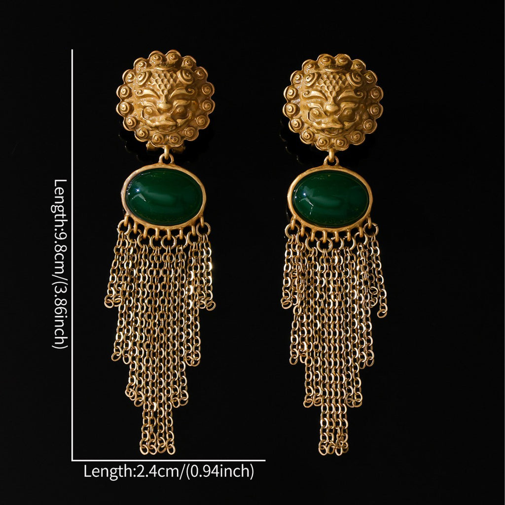 Emerald Green & Gold Chain Fringe Earrings | 925 Silver Post Statement Dangles