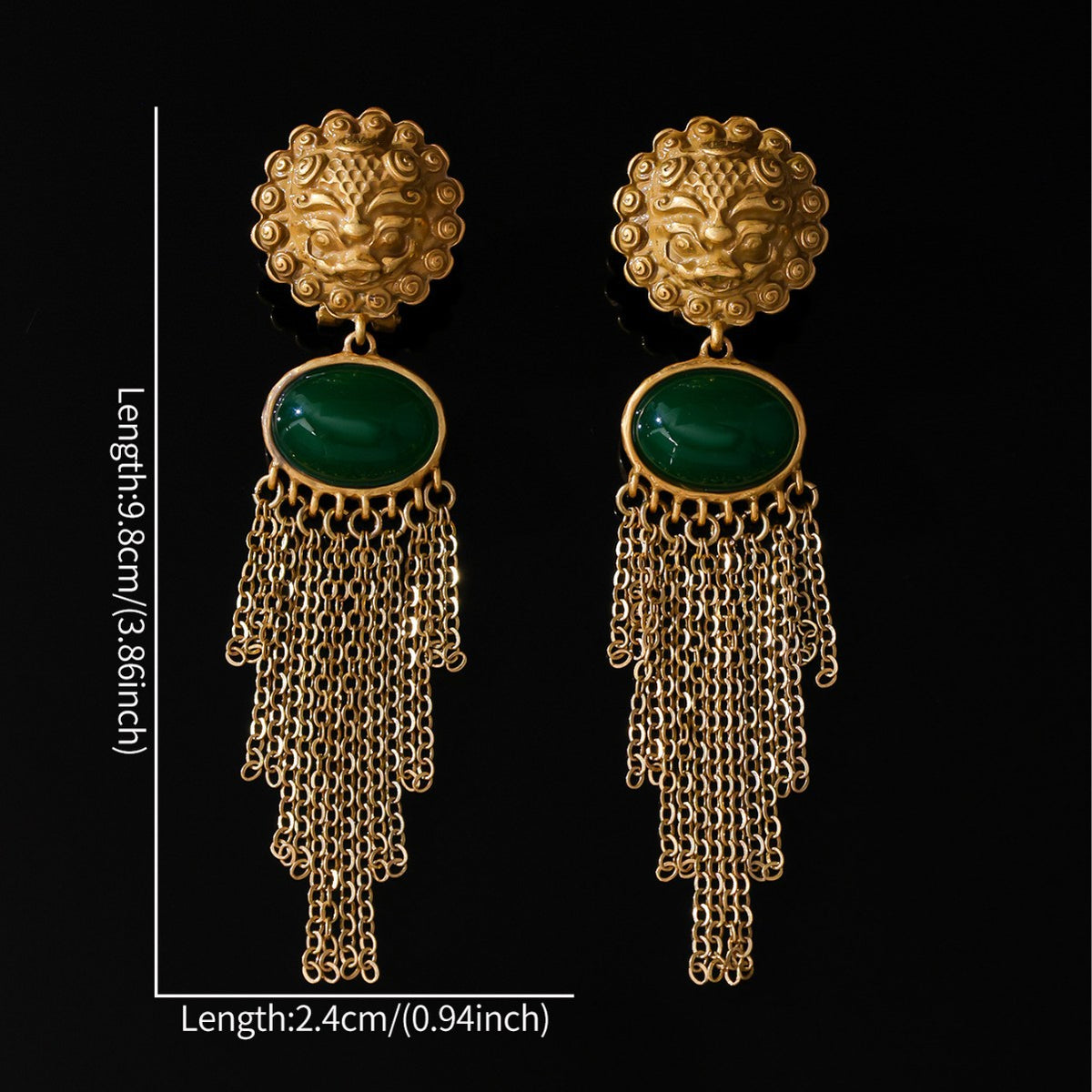 Emerald Green & Gold Chain Fringe Earrings | 925 Silver Post Statement Dangles