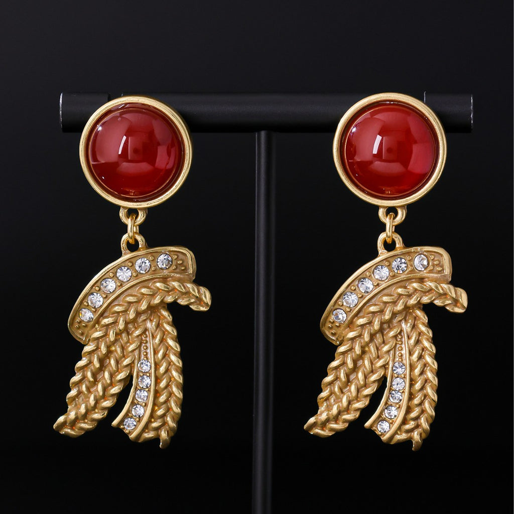 Old Money Red Natural Stone Earrings | Gold Wheat Dangles