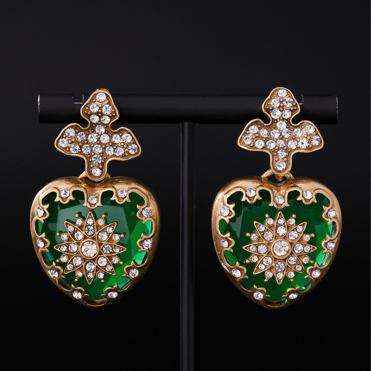 Vintage Inspired Green Heart & Cross Crystal Drop Earrings