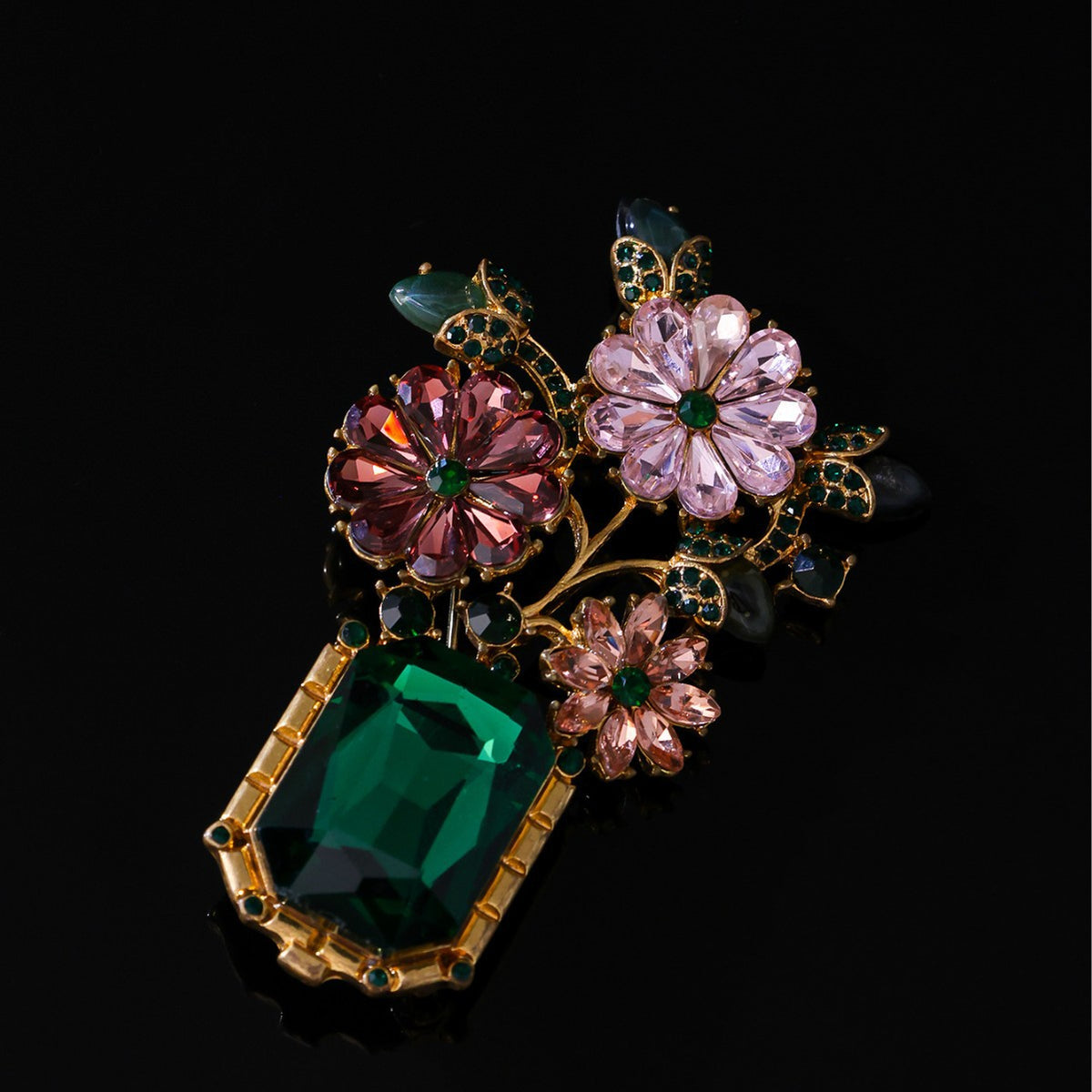 French Provincial Floral Bouquet Brooch | Antique Gold Tone & Crystals
