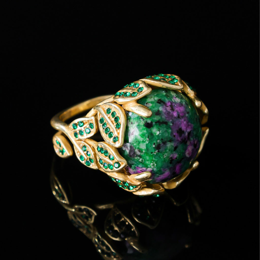 Plated Botanical Ring with Unique Green & Purple Stone