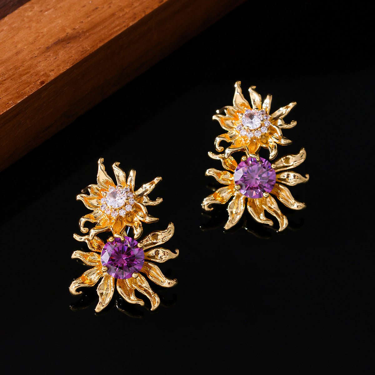 Retro Sunflower Stud Earrings | 925 Silver Post & 5A CZ