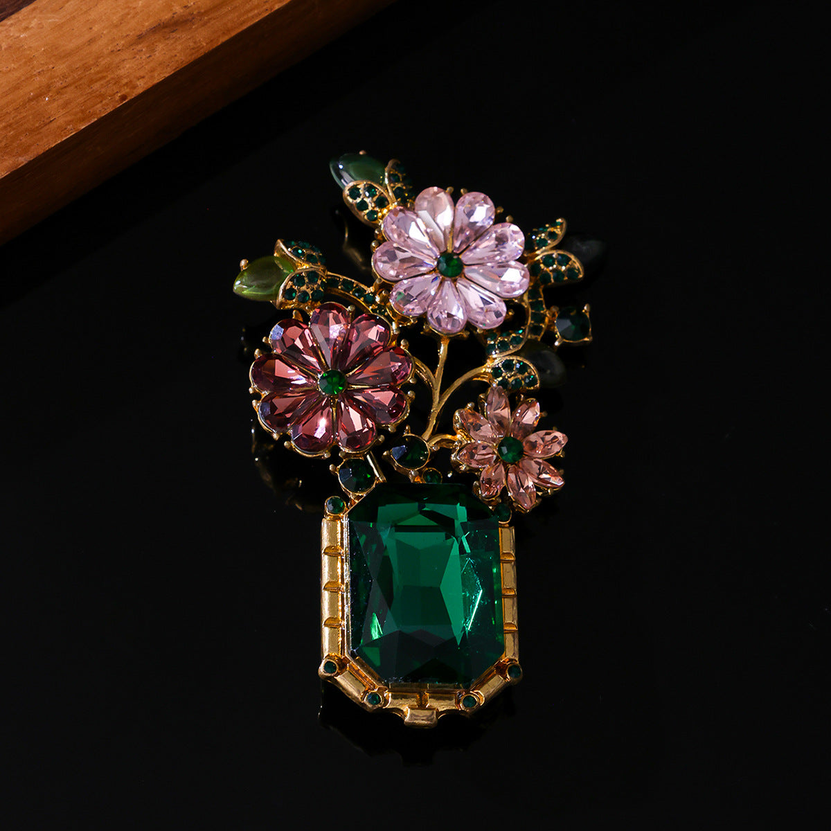 French Provincial Floral Bouquet Brooch | Antique Gold Tone & Crystals