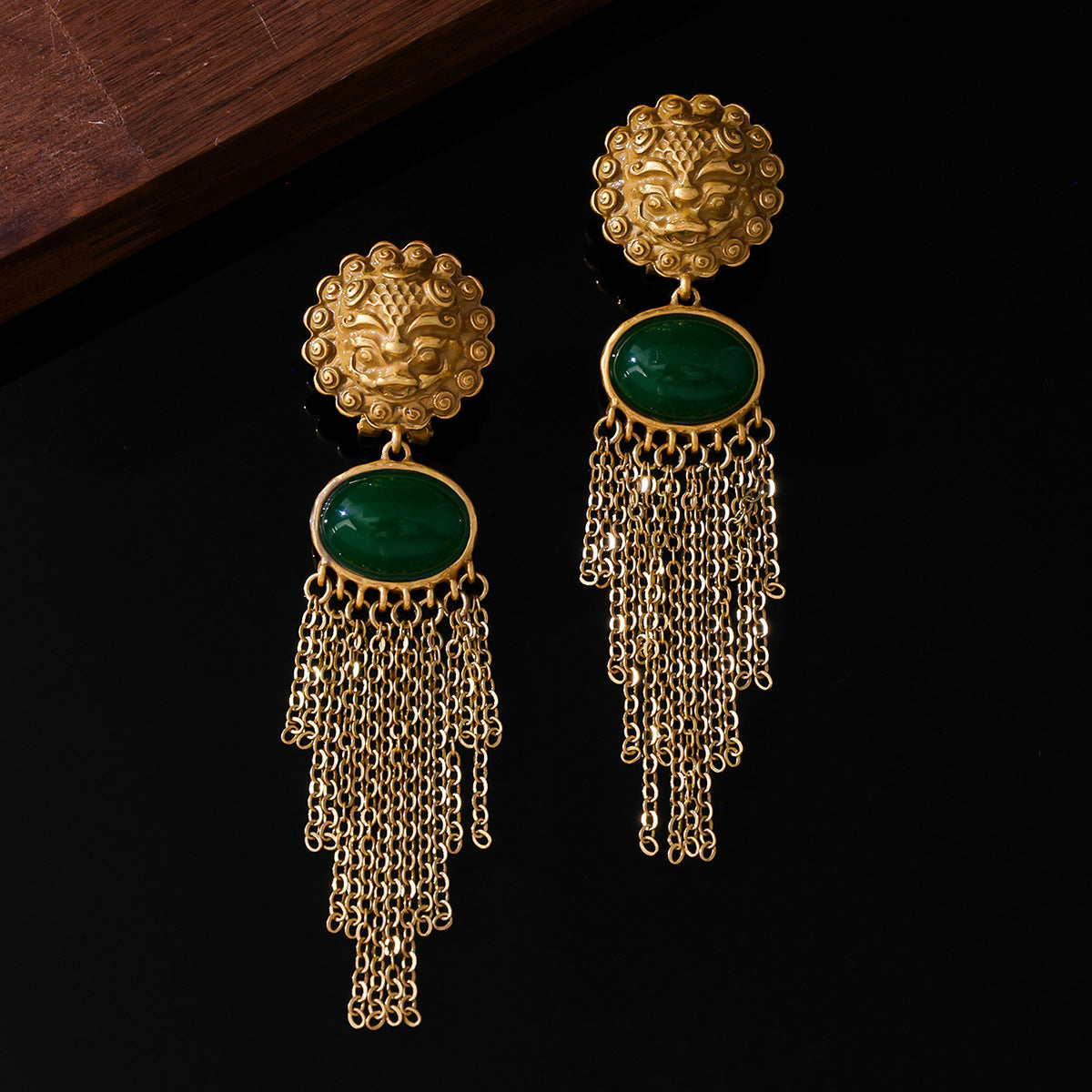 Emerald Green & Gold Chain Fringe Earrings | 925 Silver Post Statement Dangles