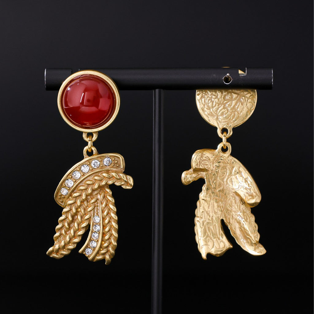 Old Money Red Natural Stone Earrings | Gold Wheat Dangles