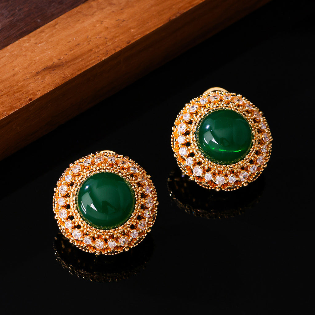 Chinoiserie Green Stone Halo Earrings| Light Luxury Vintage Studs