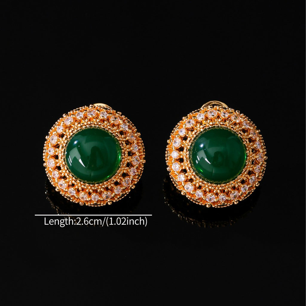 Chinoiserie Green Stone Halo Earrings| Light Luxury Vintage Studs