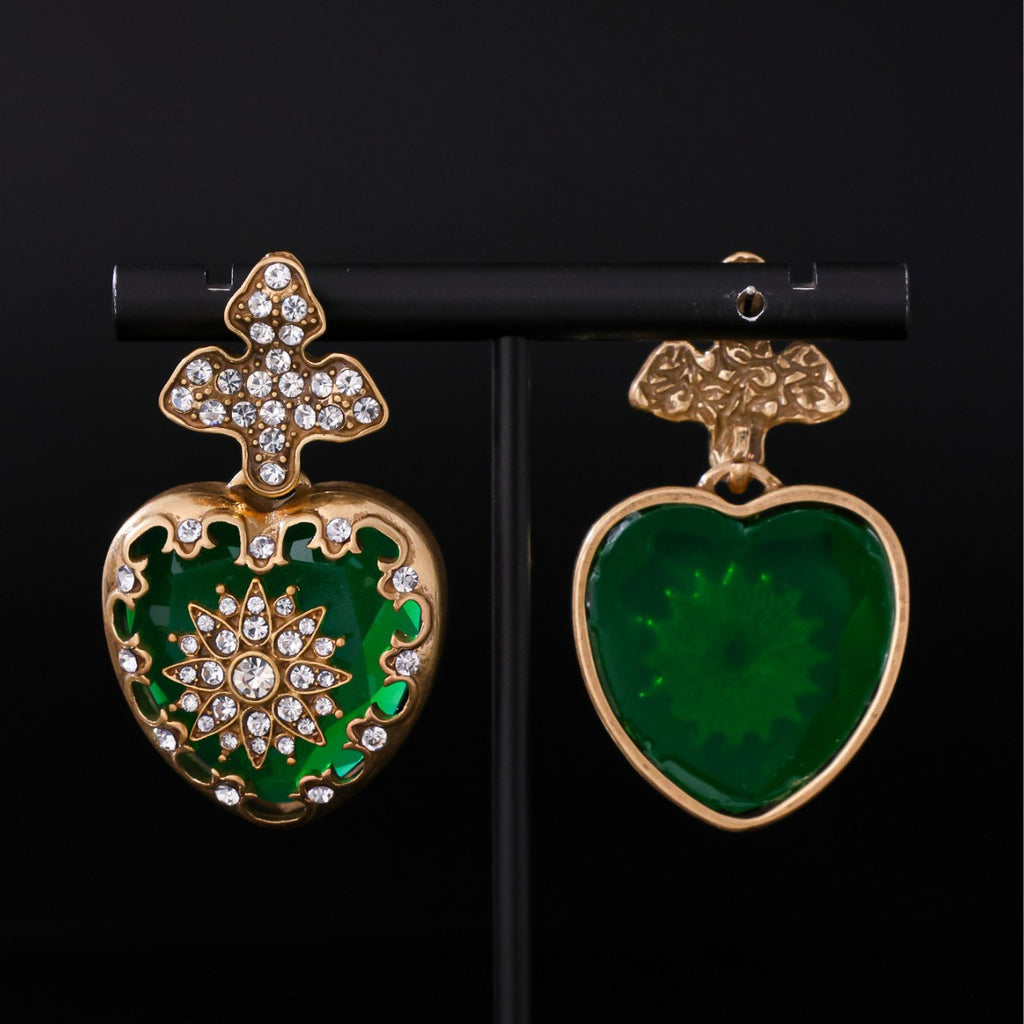Vintage Inspired Green Heart & Cross Crystal Drop Earrings